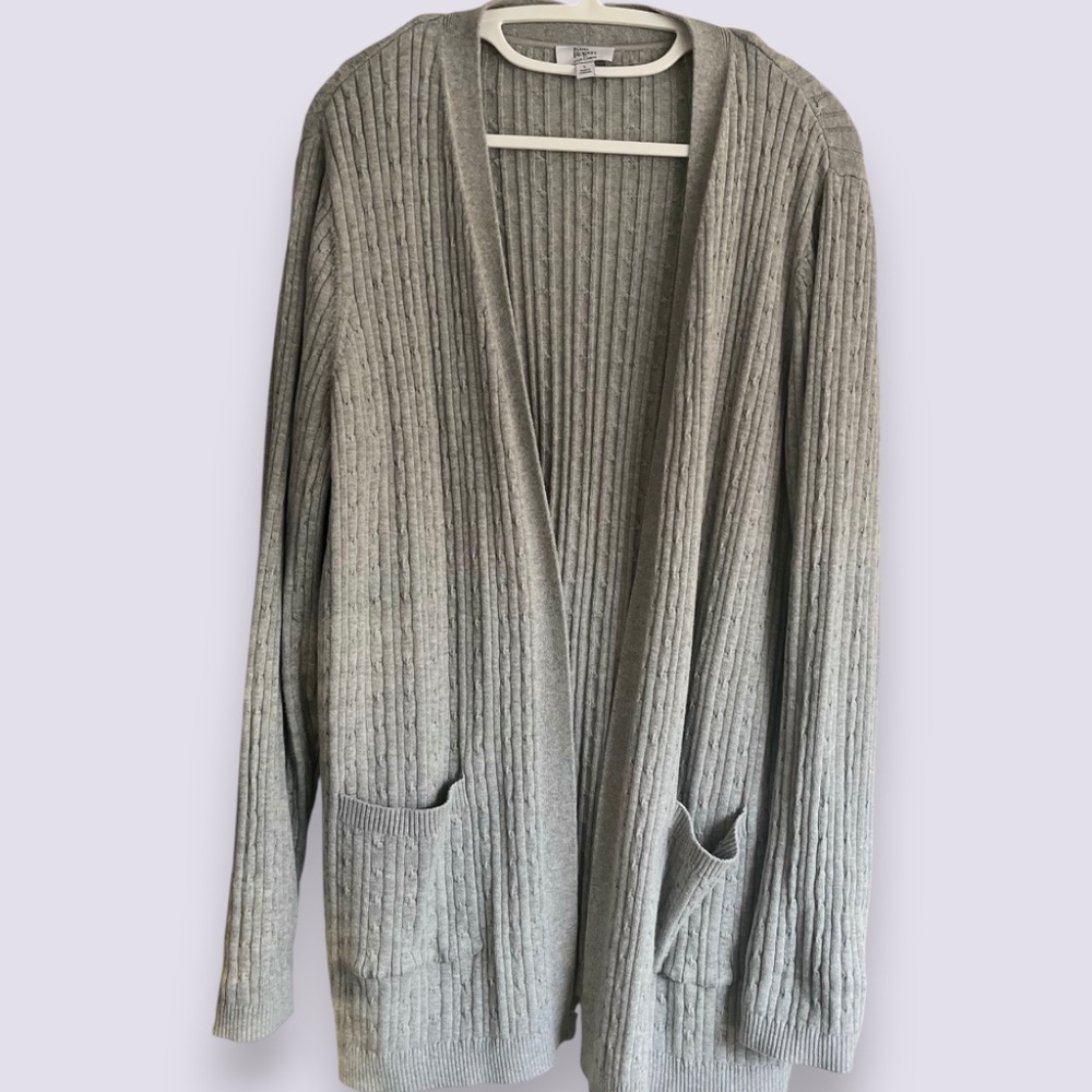 Kim Rogers Gray Cable Open-Front Cotton Cardigan Sz L